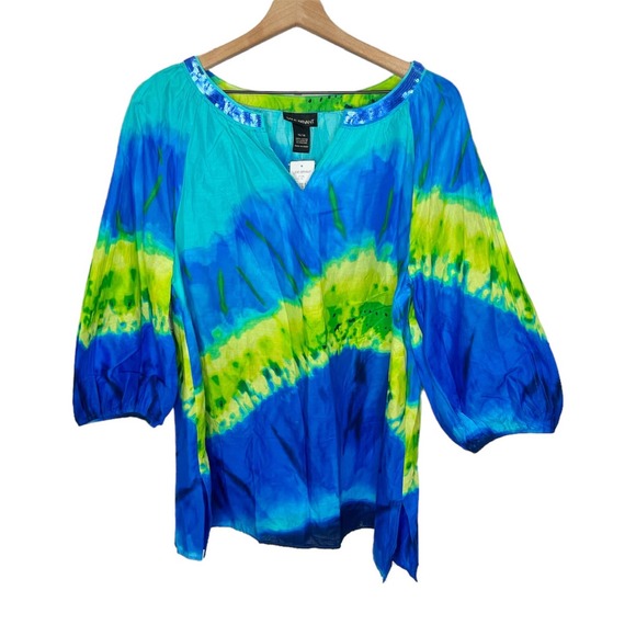 Lane Bryant Tops - LANE BRYANT Women's Plus Tie Dye V Neck Cotton Top Sequin Blue Green NEW 14 16